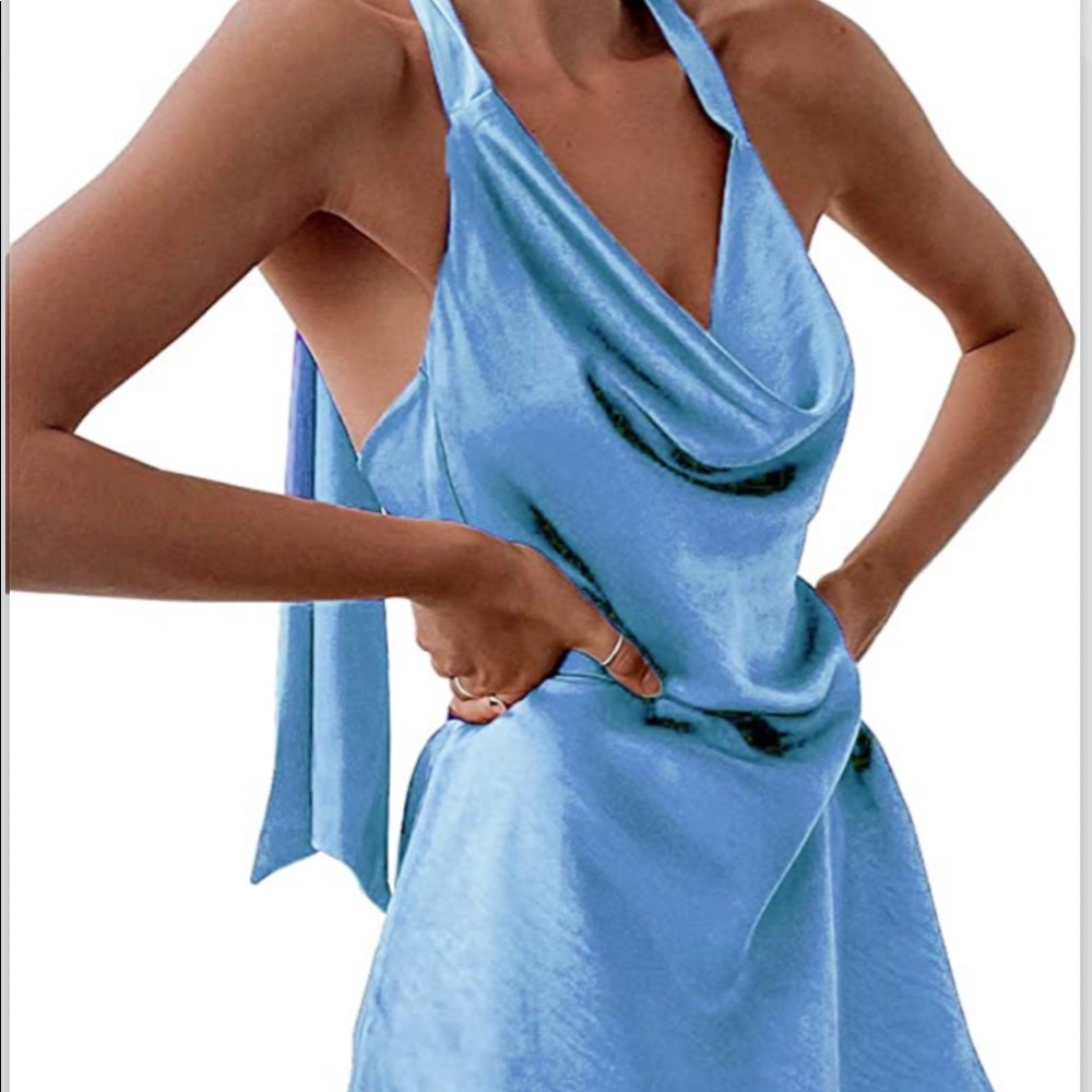 AMAZON Blue Satin Mini Dress L